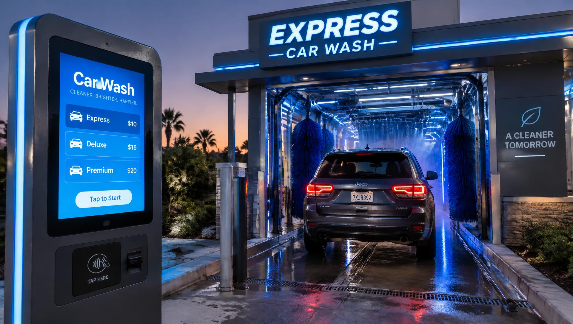 Car entering a modern express car wash tunnel beside a touchscreen payment kiosk